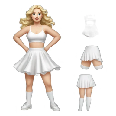 Hyperrealistic Full body Caucasian curvy beauty jumping short white skirt back and front views strong wind knickers long white socks sticker