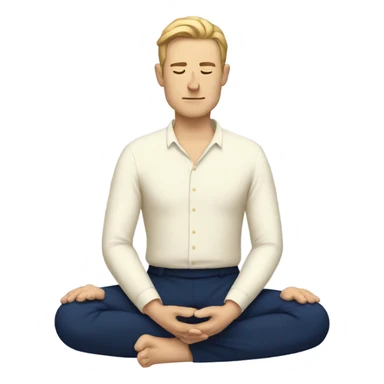european man meditating sitting down with cream shirt and navy blue pants.  sticker