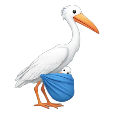 White stork carrying a blue bundle of cloth in its big beak that has a human person cute baby human inside and the human baby head is peeking from the fabric the strok is carrying in its beak sticker