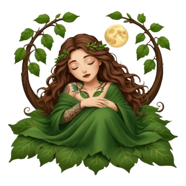 sleepy moon druid woman long wavy brown hair tattoos in leaf blanket sticker