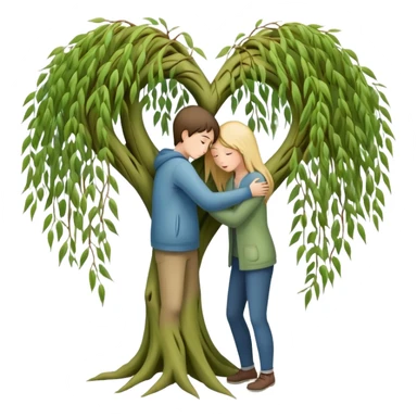 heart-shaped weeping willow tree with two people inside giving each other a comforting, caring, supportive hug, not romantic, with a small heart above them sticker