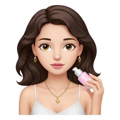generate a pretty fair bratz girl with dark brown eyes. Dark brown hair wavy hair. light pink lipgloss. white cami top. doing skincare. Dainty gold necklace sticker