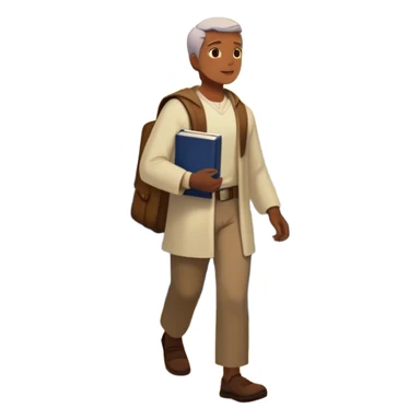 A man walks from darkness and inner conflict toward a glowing light in his chest, guided by intuition. Along the path, he passes through ambition and emptiness, then reaches a radiant mountaintop where healing transforms him into a fulfilled guide, holding a book and offering his hand to others. sticker