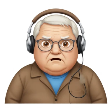 Very chubby brown old man with medium white hair, wearing glasses and headphones, looking surprised and angry, no facial hair, round full cheeks, double chin, looking to the upper left corner sticker