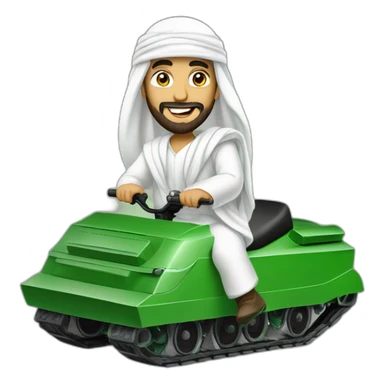 prince from Saudi Arabia with a beard in a white  shemagh national headdress riding  on a green tank, smiling sticker