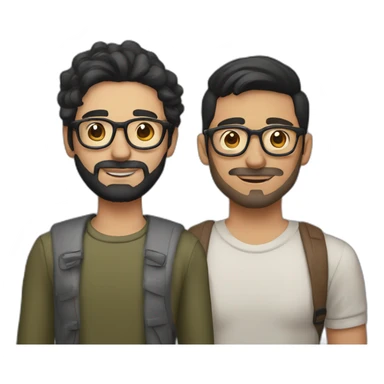 Gay couple of a 32 years old Colombian man with beard and, black hair and brown holding hand with a Vietnamese man, 21 years old, NO BEARD, with old style glasses sticker