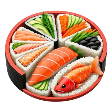 single round sushi maki cross-section, rice ring and colorful center sticker