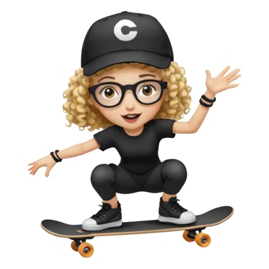 ["An excited girl with light skin, curly hair, wearing a baseball cap and square glasses, dressed in goth fashion, is skateboarding while holding a camera."] sticker