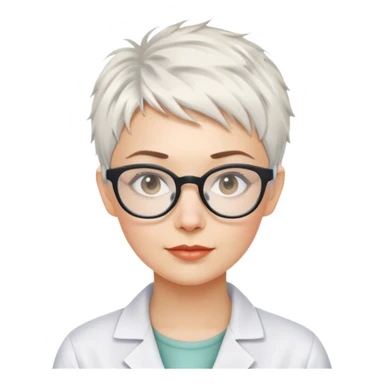 White woman with short pixie messy white hair scientist glasses sticker