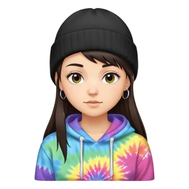 shaved side haired brunette girl with a black beanie on and a tiedye hoodie. i want her to have a side bang sticking out of her beanie sticker