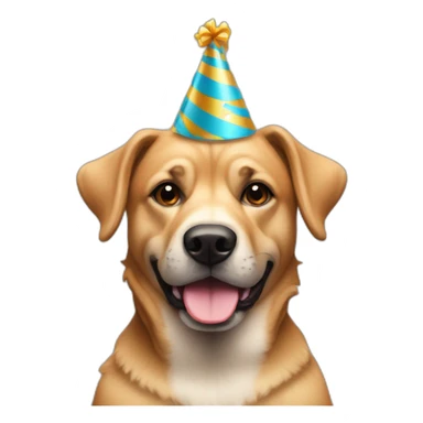 Tan and black super mutt dog wearing birthday hat sticker