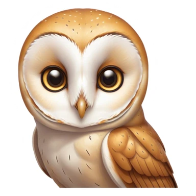 Cinematic Cute Barn Owl Portrait Emoji, Head tilted playfully and inquisitively, featuring a softly mottled Fur of white and brown with delicate feather patterns, round, sparkling amber eyes filled with curious wonder, Simplified yet irresistibly adorable features, highly detailed, glowing with a warm, friendly glow, high shine, affectionate and gentle, stylized with a touch of barnyard whimsy, bright and endearing, soft glowing outline, capturing the essence of a mischievous yet loving owl, so playful it feels like it could swoop out of the screen and into your arms! sticker