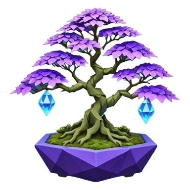 Futuristic wild glowing space alien moss maples Bonsai hair-fine-leaf group multi faceted intricate crystal inspired boxwood purple rose blue informal rocky cliffhanger eight trees forest planting in shallow origami slab style pot with big animal-like feet  sticker