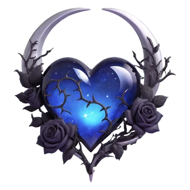 gothic heart, midnight blue glass, silver crescent moon, black roses, stardust, lightning, rain, cracked glass, dramatic style sticker