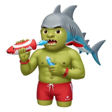 orc male in shark floatie, blowing whistle. Red swim trunks sticker
