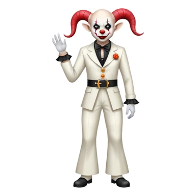 full-body demonic clown in a white leisure suit with bellbottom pants, bald, with black ram horns, flashy belt, ruffled shirt, no neck tie sticker