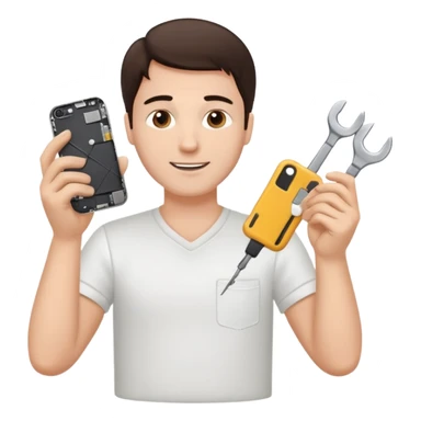 make a white guy with dark brown hair, with a simple white o grey shirt, repairing an iphone happy, tecnician with small real tools for phone sticker