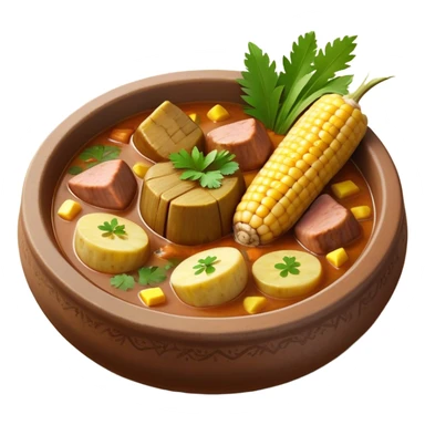 Cinematic Realistic Sancocho Antioqueño Emoji, depicting a hearty Colombian stew brimming with tender cuts of meat, yuca, plantains, corn on the cob, and potatoes in a rich, flavorful broth. Served in a rustic clay bowl with fresh cilantro and lime on the side, rendered with warm, inviting textures and homely, comforting lighting. sticker