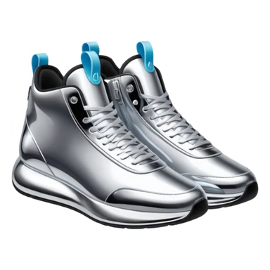 A pair of futuristic sneakers emoji made of silver chrome, sleek streetwear design, smooth metallic panels, subtle reflections, luxury swag aesthetic, iOS emoji style, centered, clean white background sticker