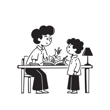 educator or speech therapist with child, who helps child with lessons sitting at the table sticker