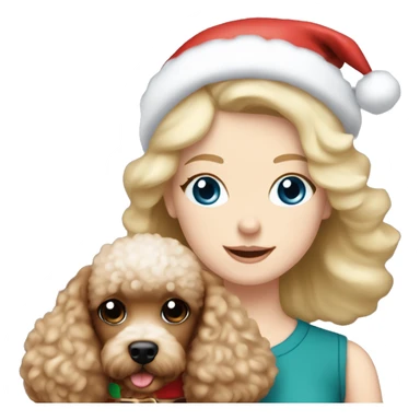 Pretty blue eyed white girl with blonde hair with a santa claus hat and holding a brown toy poodle sticker