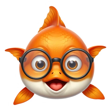 A goldfish with a silly facial expression wearing round eyeglasses perched on its face, comical look sticker