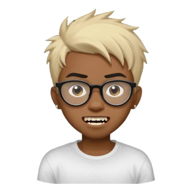 Black Male Teenager with Short punk messy blonde hair, Dark brown bushy eyebrows large expressive golden-brown eyes, wearing a plain white t-shirt, wearing thick black glasses, Dark Brown skin color. Showing off his singular vampire tooth sticker