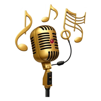 Create a sophisticated and smooth emoji representing jazz vocal performance. The design should feature a stylized microphone, with musical notes swirling around it to convey the fluid, improvisational nature of jazz. Add subtle elements like a vintage microphone stand or a hint of a singer’s silhouette in the background to reflect the live, intimate feel of jazz performance. Use deep, rich colors like gold, black, and burgundy to evoke the classic, smooth vibes of jazz. The background should be transparent. sticker