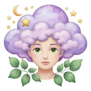 watercolor-style emoji of a human head silhouette with “AI” inside a lilac cloud, connected to a soft circuit shape. gentle pastel palette (sage green, blush, lilac), surrounded by leaves, moon, and stars — poetic and calm aesthetic. sticker