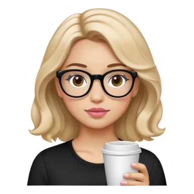 create a girl with light blonde wavy hair and a medium tone skin color. her eyes are almond shaped coffe brown and her eyebrows are brown in colour. she has a medium size nose and light pink thick lips. she is wearing a black top and glasses. sticker