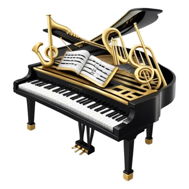 Create an elegant and festive emoji collage representing keyboard instruments, styled like a heraldic emblem. The design should feature a central focal point of black and white piano keys, arranged in a semi-circular or shield-like shape. Around the piano keys, add intertwining musical notes that form flowing ribbons, creating a dynamic and celebratory atmosphere. The design should be professional, with polished silver and gold accents on the keys and notes, highlighting the luxury and sophistication of the instruments. Add subtle shading and lighting effects to give the design a refined, 3D appearance. The background should remain transparent, and the overall feel should evoke grandeur, artistry, and a sense of celebration. sticker