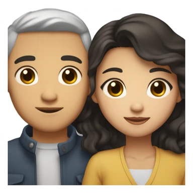 A half pale Asian man with short dark hair and amber eyes embracing and loving a half Asian woman with long wavy dark hair and dark hazel eyes. They love each other a lot And have good fashion taste and are hugging each other tight  sticker