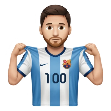 Lionel Messi holding up his own shirt sticker