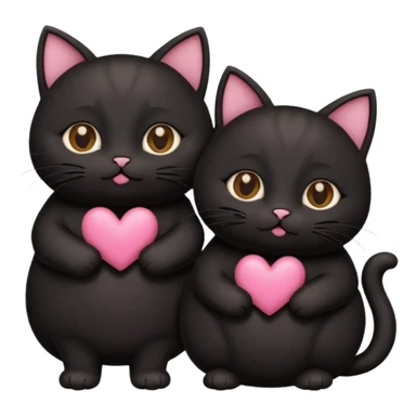 two fat cute black cats love, closed mouth, black ears, pink heart sticker