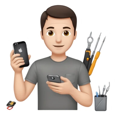 make a white guy with dark brown hair, with a simple white o grey shirt, repairing an iphone happy, tecnician with small tools for phone sticker