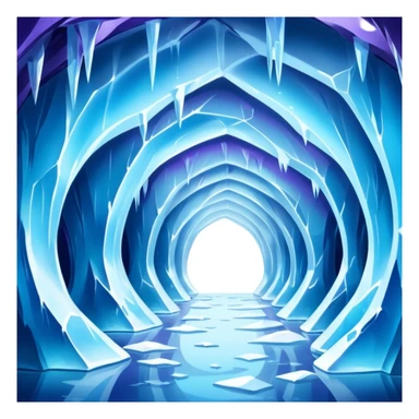A breathtaking ice cave glowing with blue light, featuring smooth, curved walls made entirely of translucent ice. The interior reflects shimmering shades of blue and purple, with natural light filtering through the frozen surface. Realistic detail, cinematic lighting. sticker