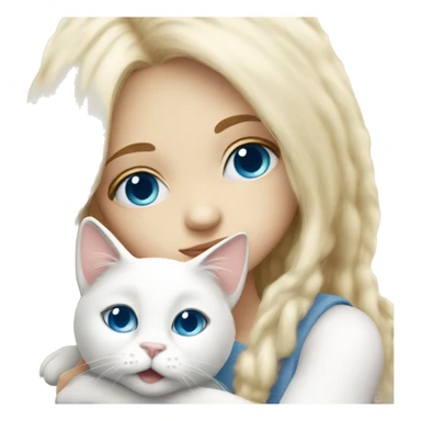 blondie girl with blue eyes hugging a white fluffy cat sticker