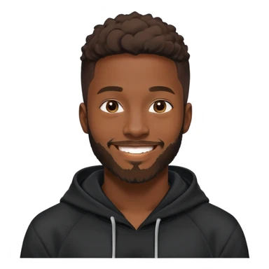 African yound man in his late 20s with a  bright smile with a short boxed beard, black hoody sticker