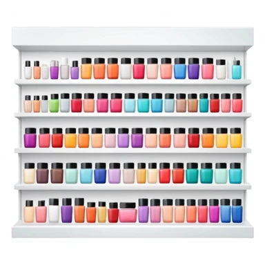 big beauty salon showcase with well-organized brand-labeled beauty products on a white shelves sticker