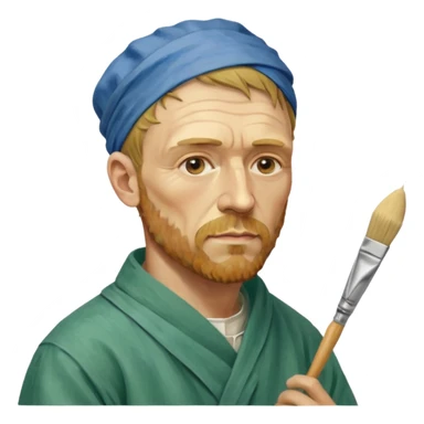 an gogh paints on a canvas. On his right ear he has a bandage sticker