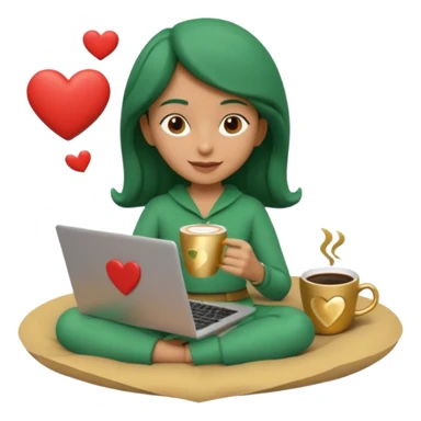 3D clay character relaxed with laptop and coffee, floating icons (envelope, heart, dollar), deep green (#0B3D2C) outfit, gold icons, cream laptop, Pixar style, transparent background sticker