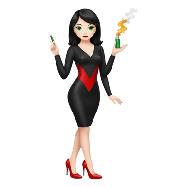 🕵🏻‍♀️💦🧥 black hair , green eyes , full body , red high heels , black latex dress , 🖕🏻🚬 sticker