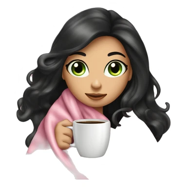 Pretty woman very long black hair green eyes curled up in a pink blanket with a coffee mug  sticker