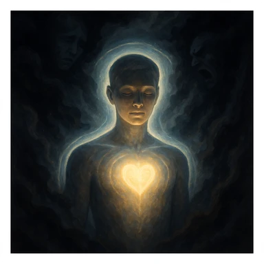 Symbolic depiction of a semi-realistic human figure surrounded by dark, heavy emotional forces like shadows, smoke, or storm clouds. The body glows softly with a protective light or energy shield, especially around the heart and head. The figure has a calm, focused expression showing inner strength. Background includes subtle anxiety, sadness, or anger trying to reach the person but being deflected. Conceptual, spiritual and emotional healing theme with ethereal light and dark-vs-light contrast, rendered in 4K resolution. sticker