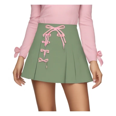 Sage green a-line mini skirt with pink lace up on the sides and bows and embroidery, isolated sticker