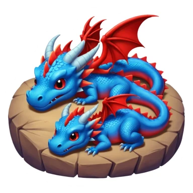 un couple de dragons rouge et bleue trop mignons endormis dans leur tanière. sticker