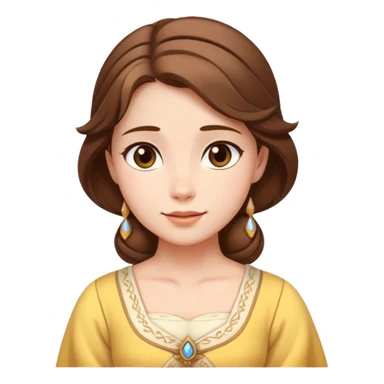 Cinematic Serene Belle Portrait Emoji, rendered in a simplified vector style. Depict a gentle Belle (chest and above) with fair, glowing skin, softly cascading brown hair, and a calm, inviting expression, dressed in her traditional village dress. The image exudes a soft, luminous glow and is outlined with a subtle, warm light. sticker