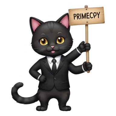 A cat in a black business suit holds a sign with the inscription "PrimeCopy" with one paw and shows a like with the other paw sticker