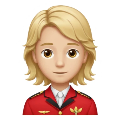 SARI SAÇLI SAÇININ YARISI SOLA DOĞRU DİĞERİNİN SAĞ TARAFTA AMA DÜZ DURAN KAHVERENGİ GÖZLÜ UZUN KİRPİKLİ BUĞDAY RENKLİ KIRMIZI ÜNİFORMALI BİR ERKEK ÇOCUK sticker