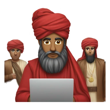 A caliph with turban and red clothes writing in a laptop sticker